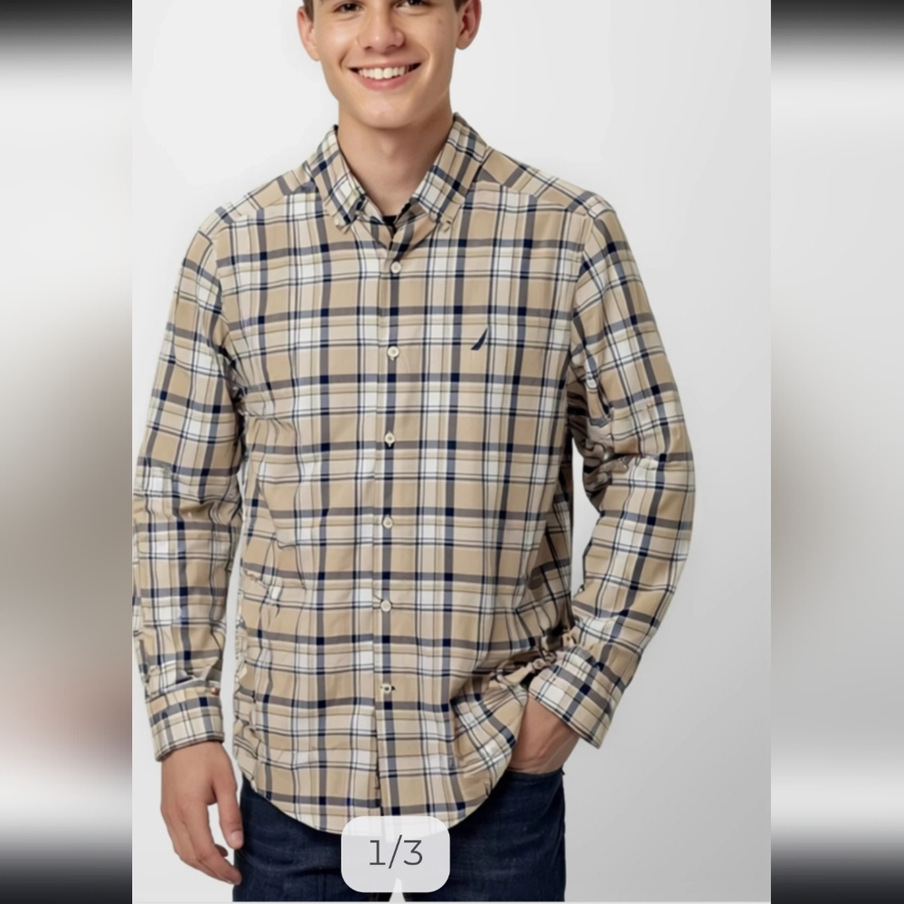Nautica Men’s Tan and Navy Plaid Button-Down Shirt